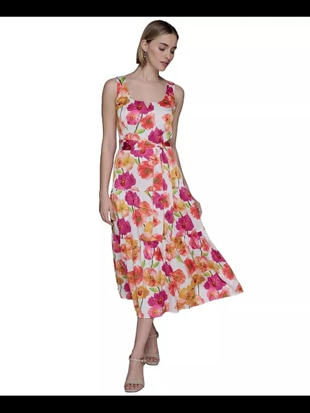 Floral Pink & Orange Sleeveless Midi Dress